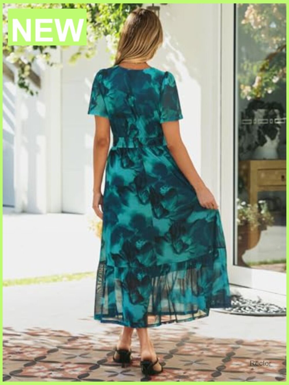 Vintage Floral Maxi Dress Wedding Guest Boho V Neck Short Sleeve Smocked Waist - Picture 5 of 7